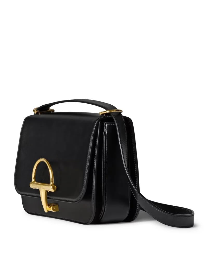 Gucci Siena Small Crossbody Shoulder Bag – Premium Black Smooth Leather with Gold Half-Horsebit Hardware