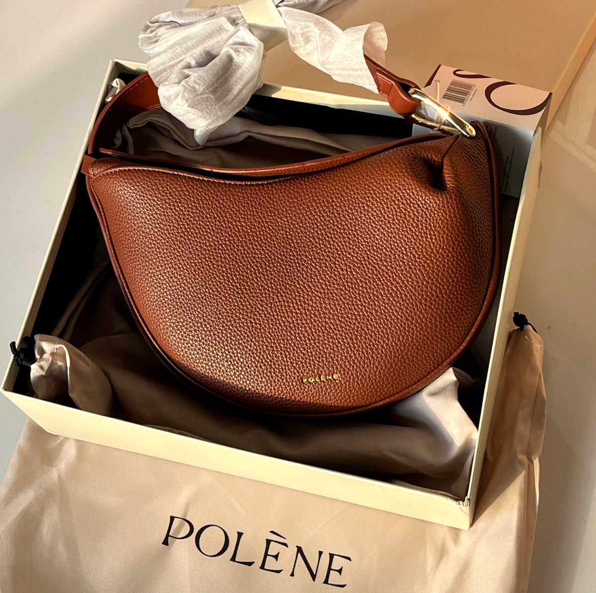 POLÈNE Tonca – Textured Cognac Shoulder Bag