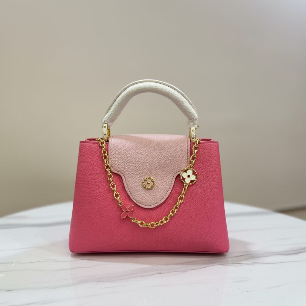 Louis Vuitton Capucines Hot Pink flap view on white marble