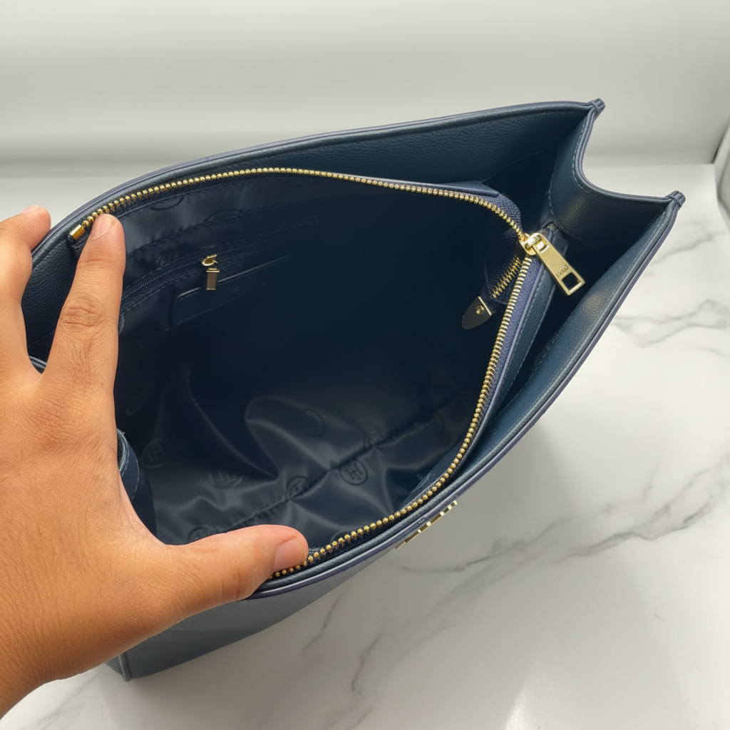 Tommy Hilfiger Tote navy blue interior with zip pocket on white marble