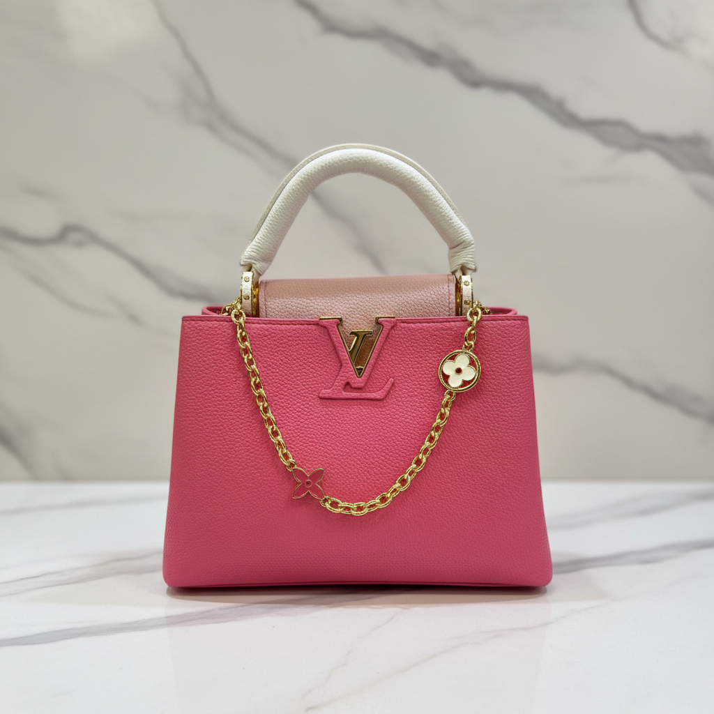 Louis Vuitton Capucines Hot Pink front view on white marble