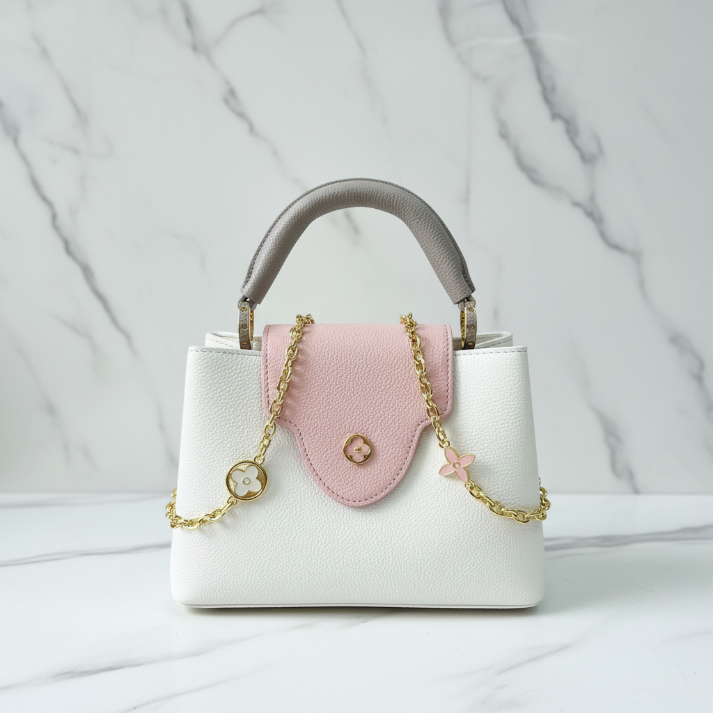 Louis Vuitton Capucines Cream White with charm detail on white marble