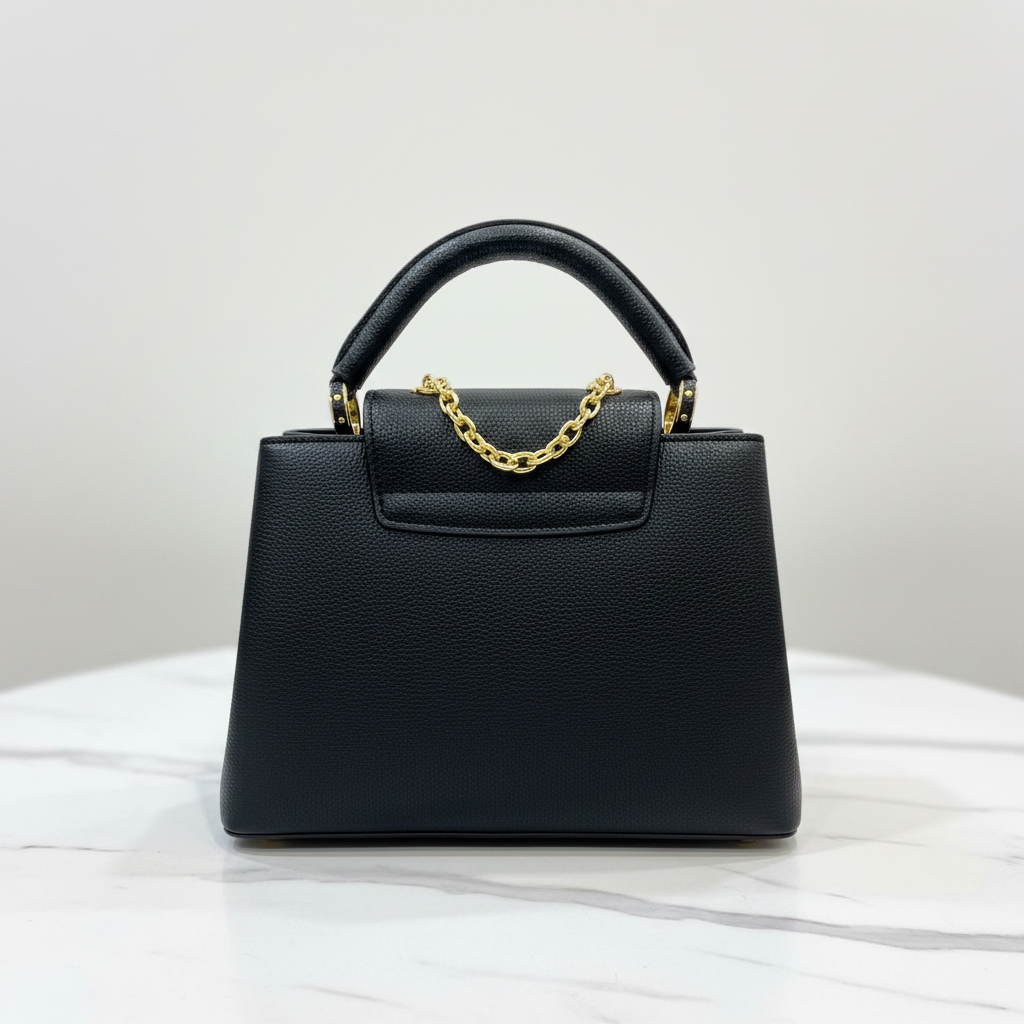 Louis Vuitton Capucines All Black back view on white marble