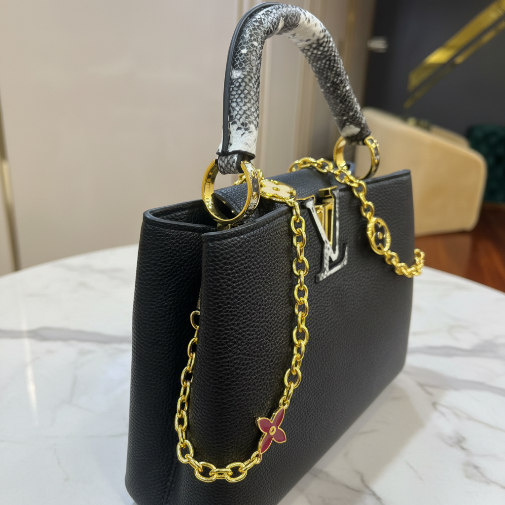 Louis Vuitton Capucines Python Handle side close-up on white marble