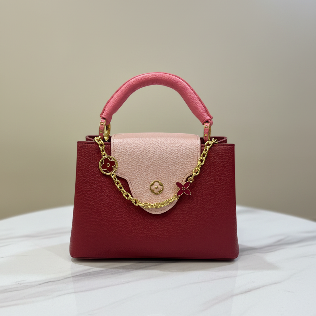 Louis Vuitton Capucines Deep Red front view on white marble