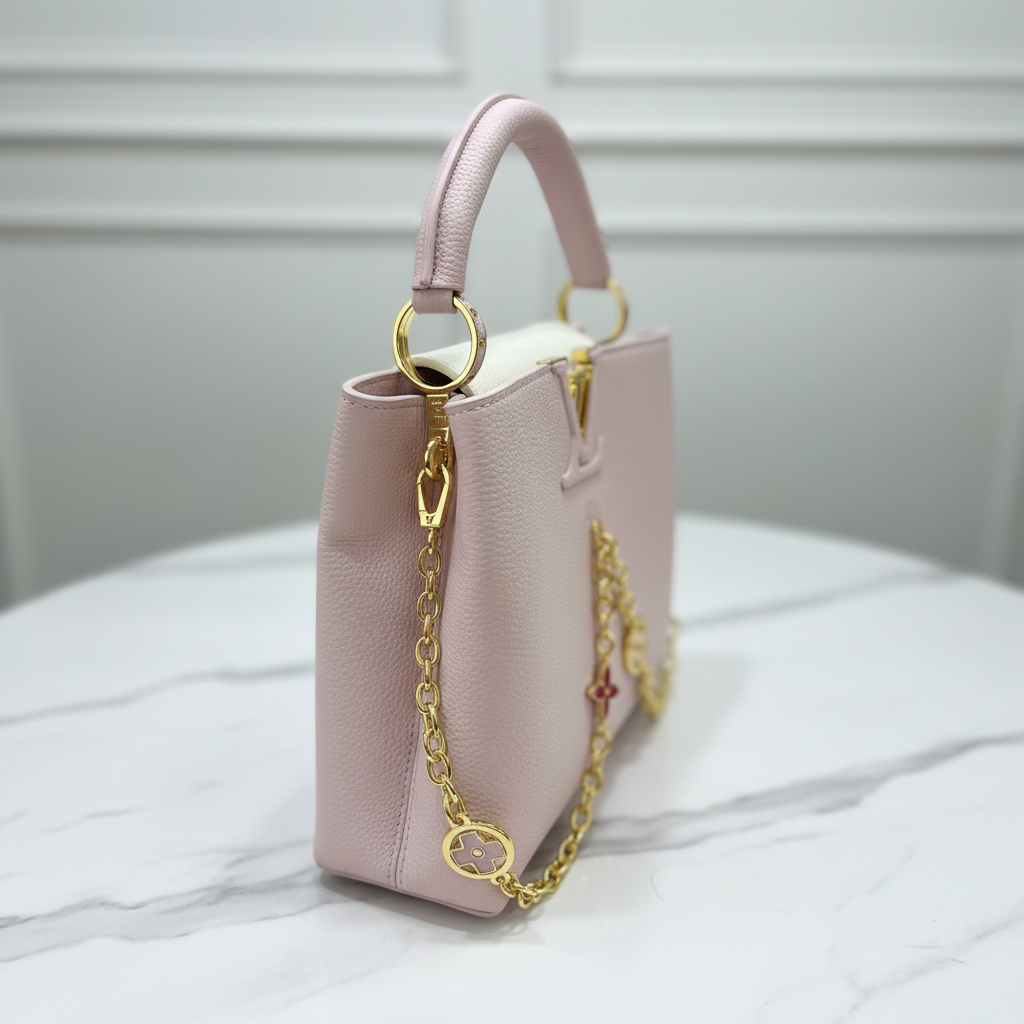 Louis Vuitton Capucines Blush Pink side profile on white marble