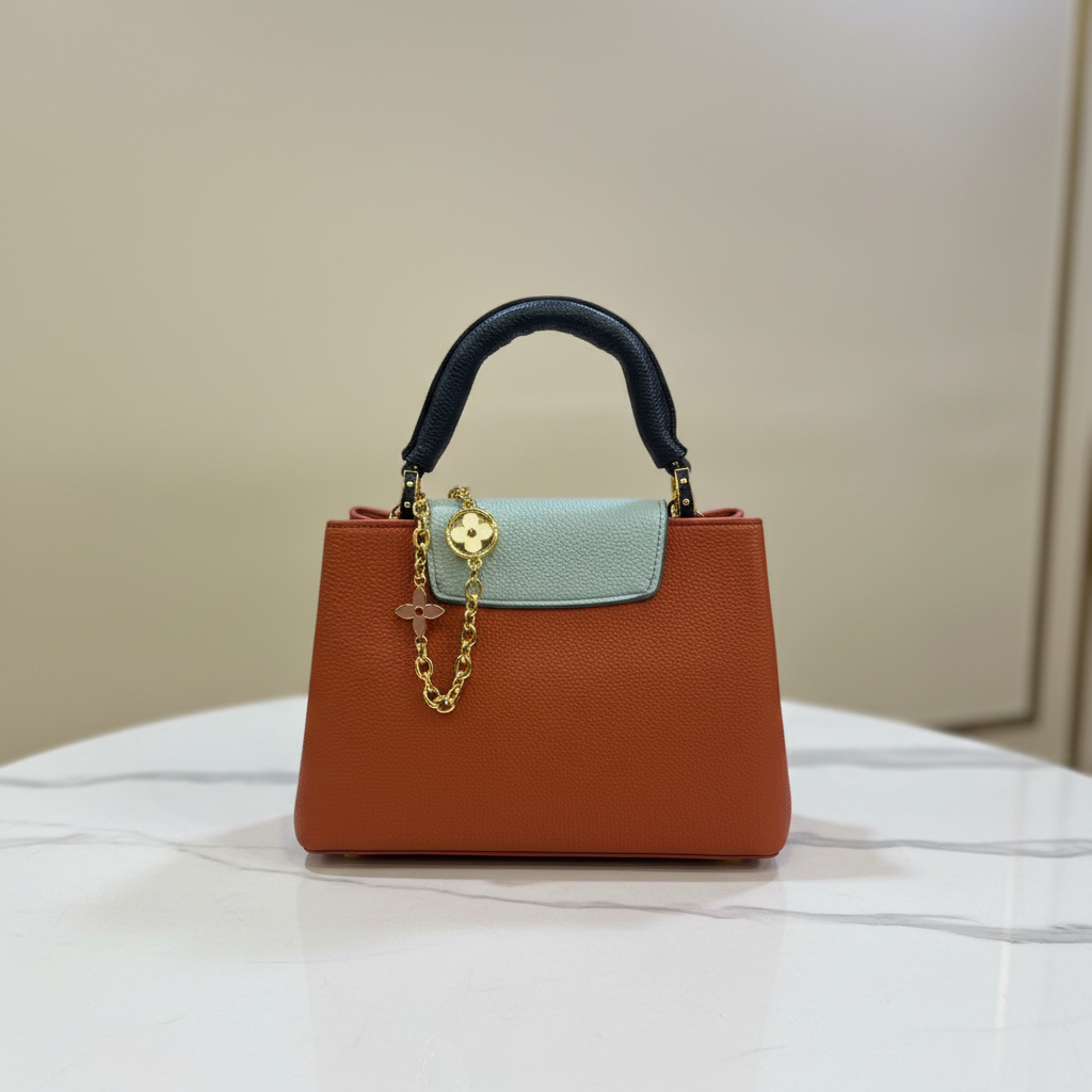 Louis Vuitton Capucines Orange Rust flap with flower clasp on white marble