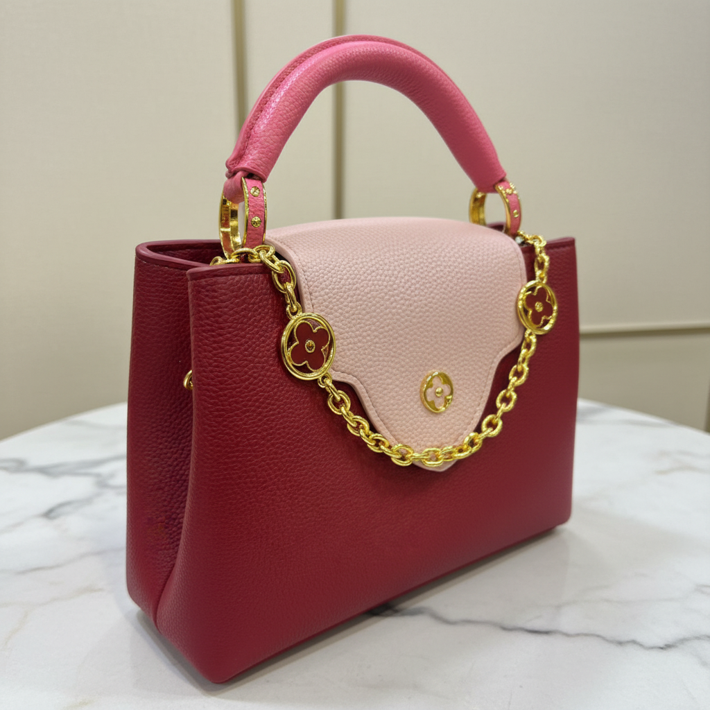 Louis Vuitton Capucines Deep Red side hardware detail on white marble