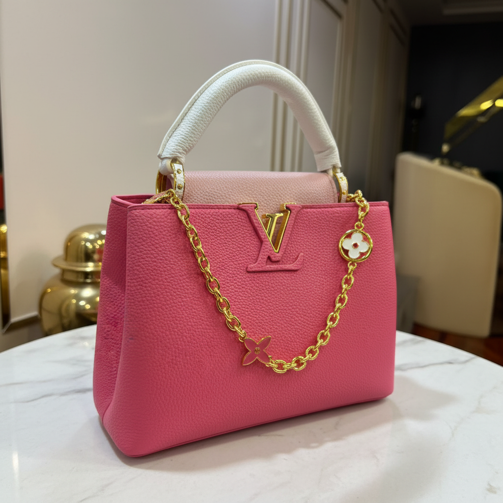 Louis Vuitton Capucines Hot Pink side hardware detail on white marble