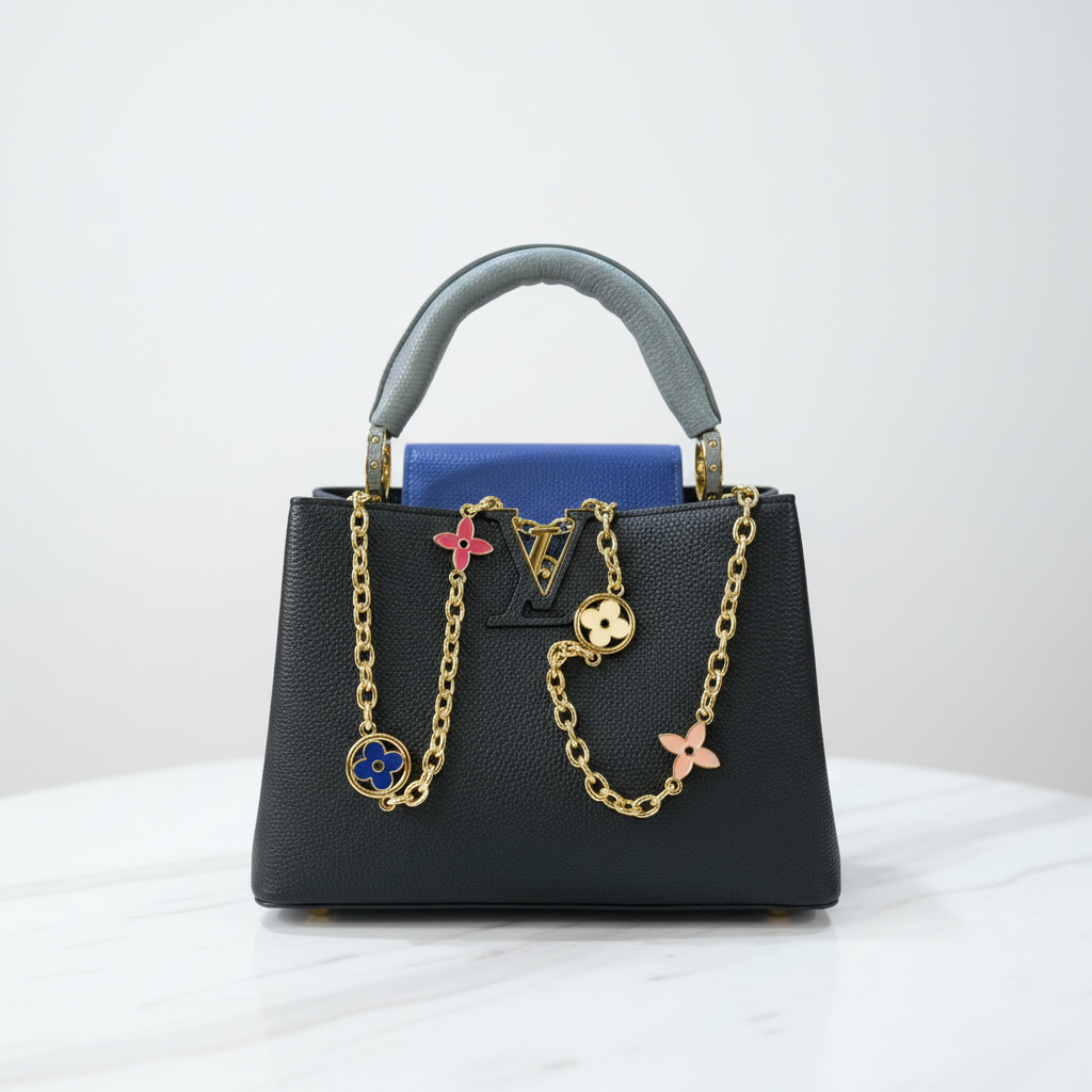Louis Vuitton Capucines front view on white marble