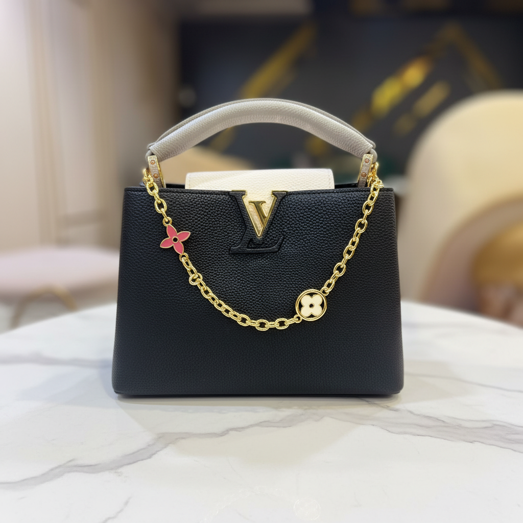 Louis Vuitton Capucines BB Black LV logo reverse flap on white marble