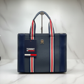 Tommy Hilfiger Signature Medium Tote Navy Blue front with tag on white marble
