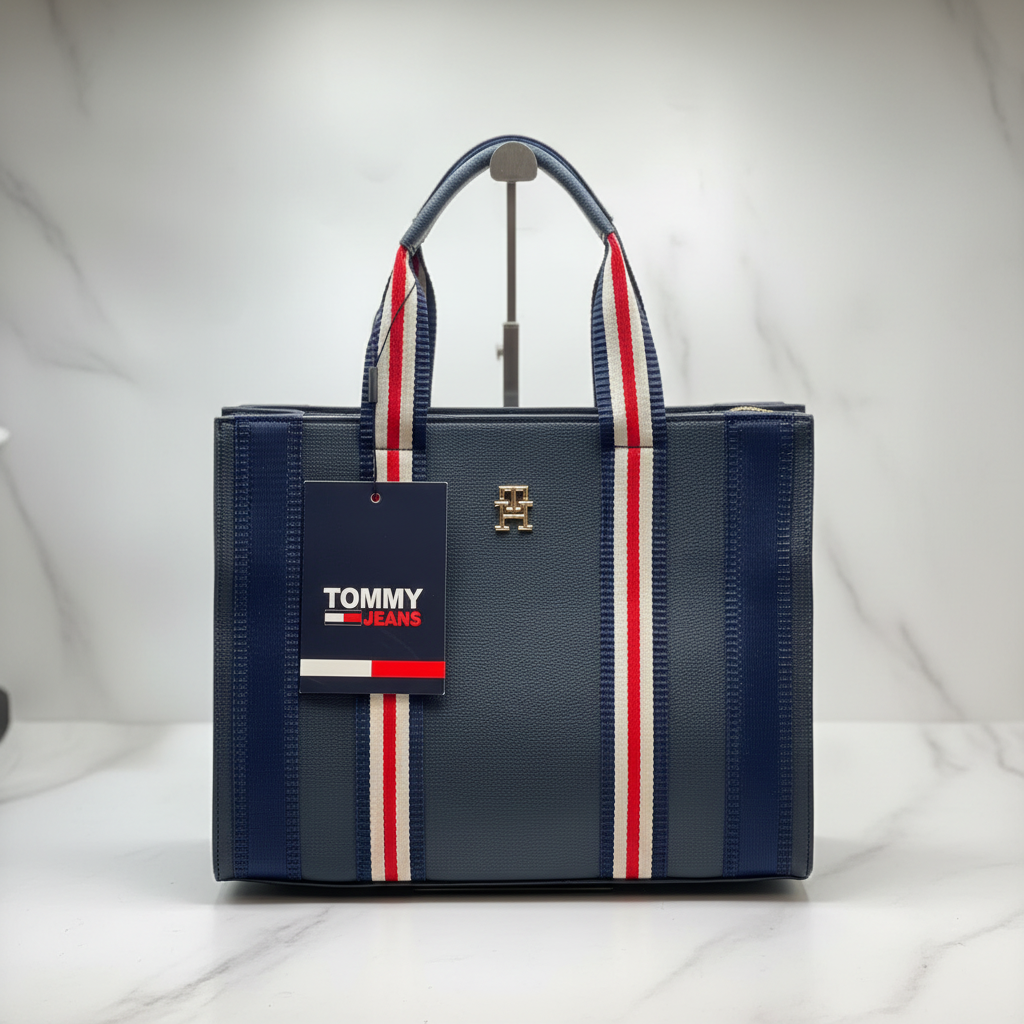 Tommy Hilfiger Signature Medium Tote Navy Blue front with tag on white marble