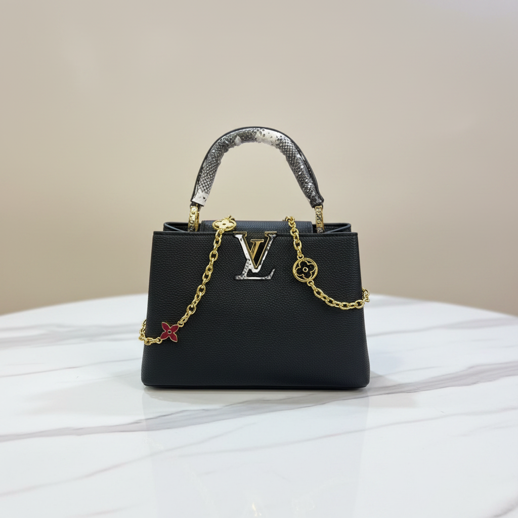 Louis Vuitton Capucines Black Python Handle front view on white marble