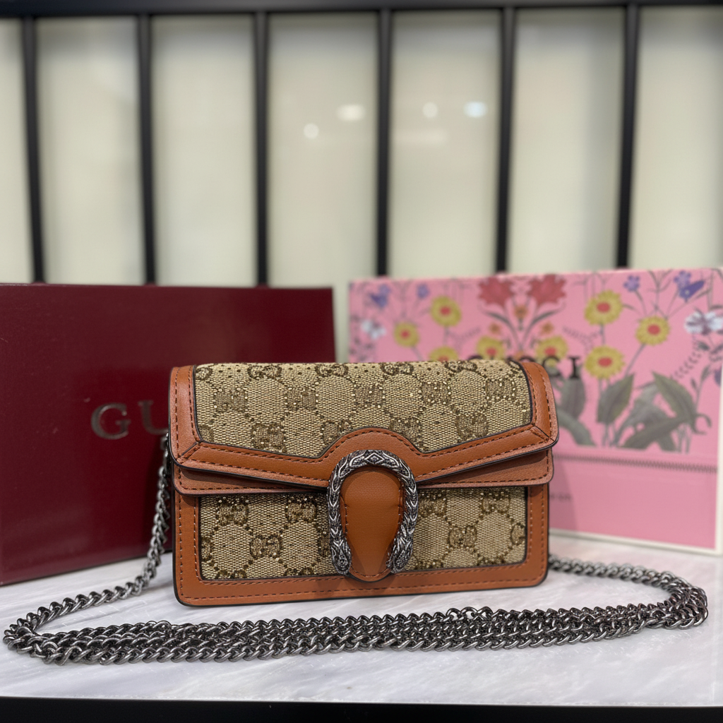 Gucci Dionysus Crystals Mini Bag on white marble surface
