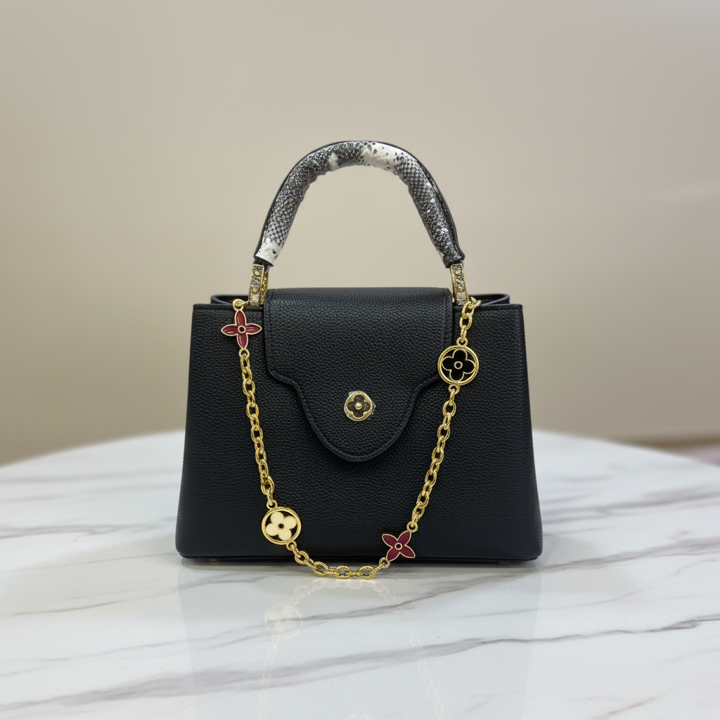 Louis Vuitton Capucines Black Python flap clasp view on white marble