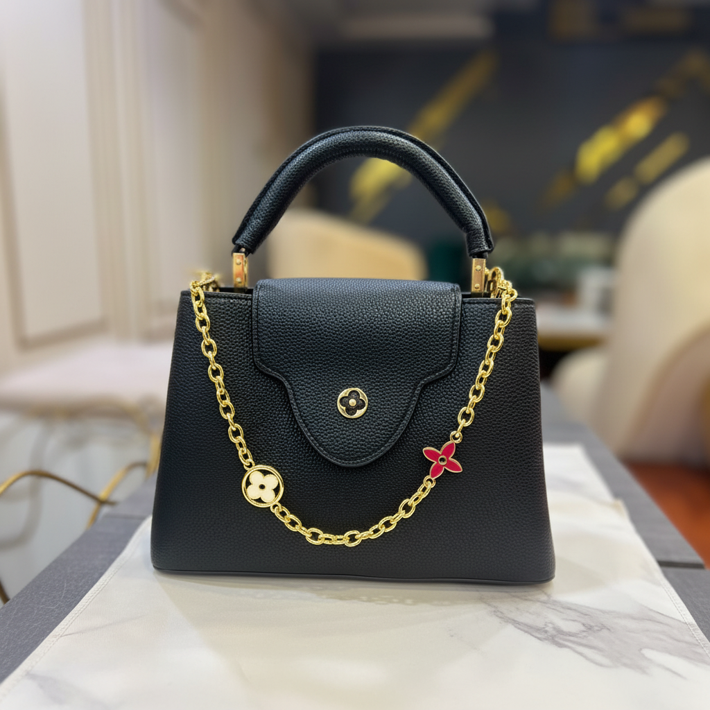 Louis Vuitton Capucines All Black flap front view on white marble