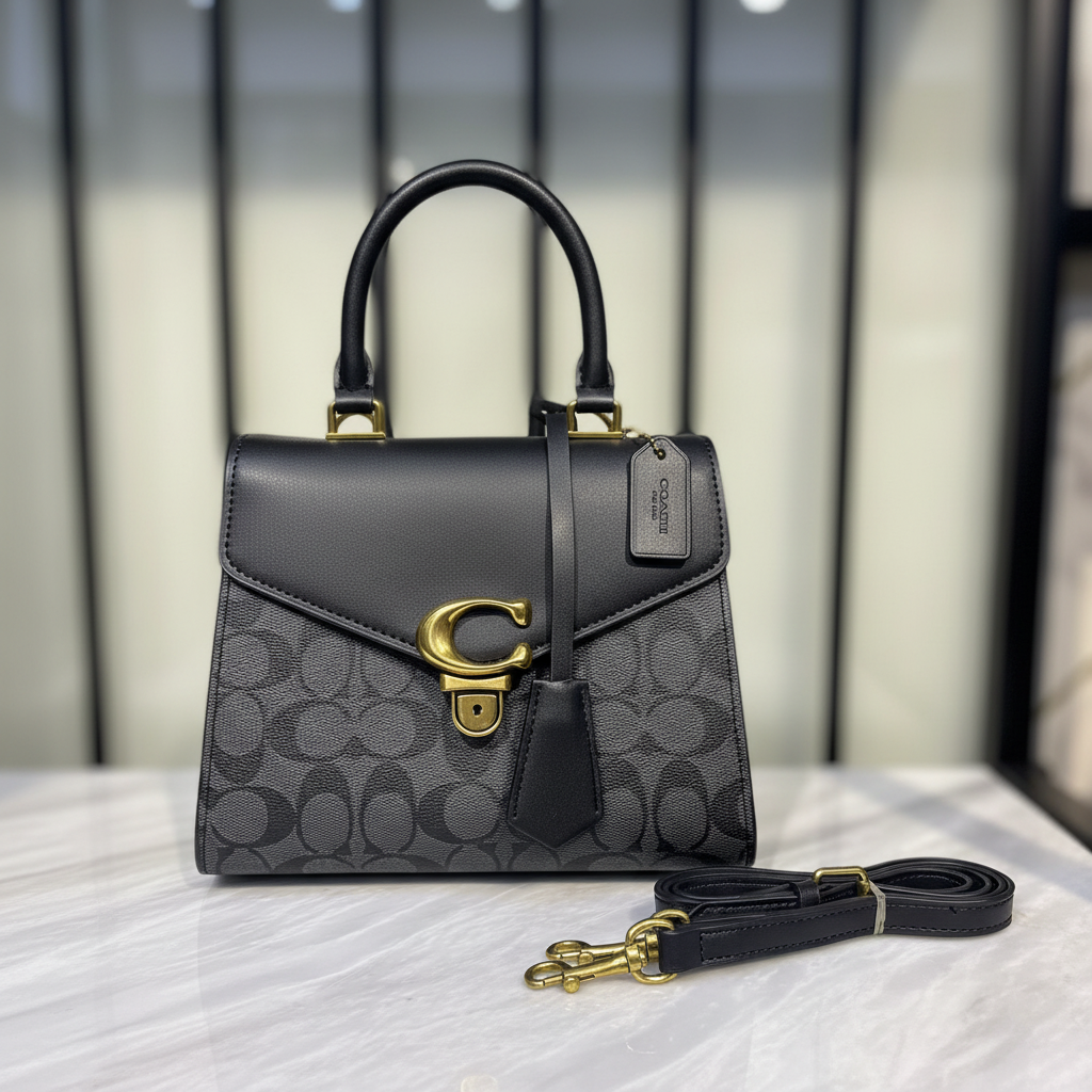 Coach Sammy Top Handle Bag on white marble surface