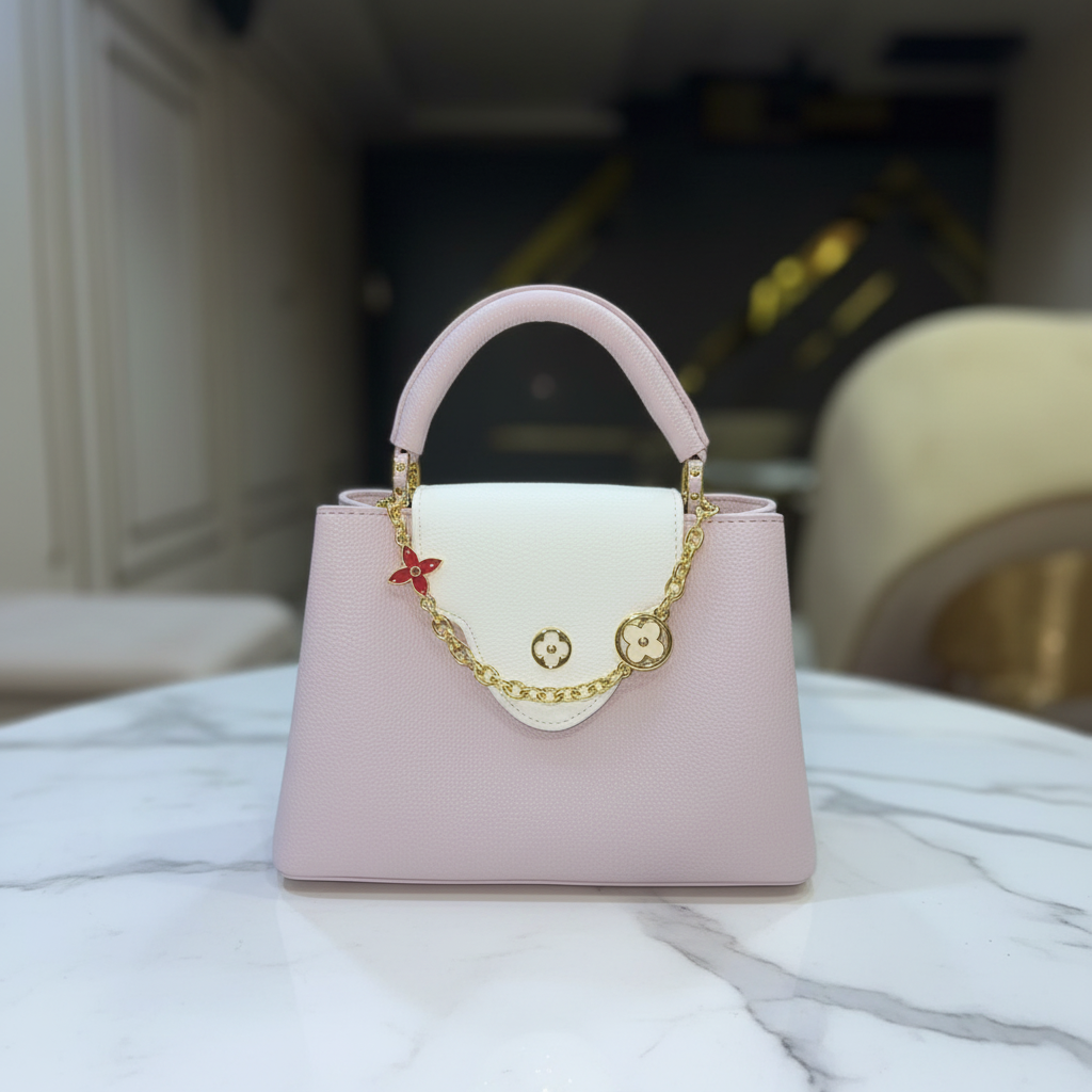 Louis Vuitton Capucines Blush Pink white flap front view on white marble