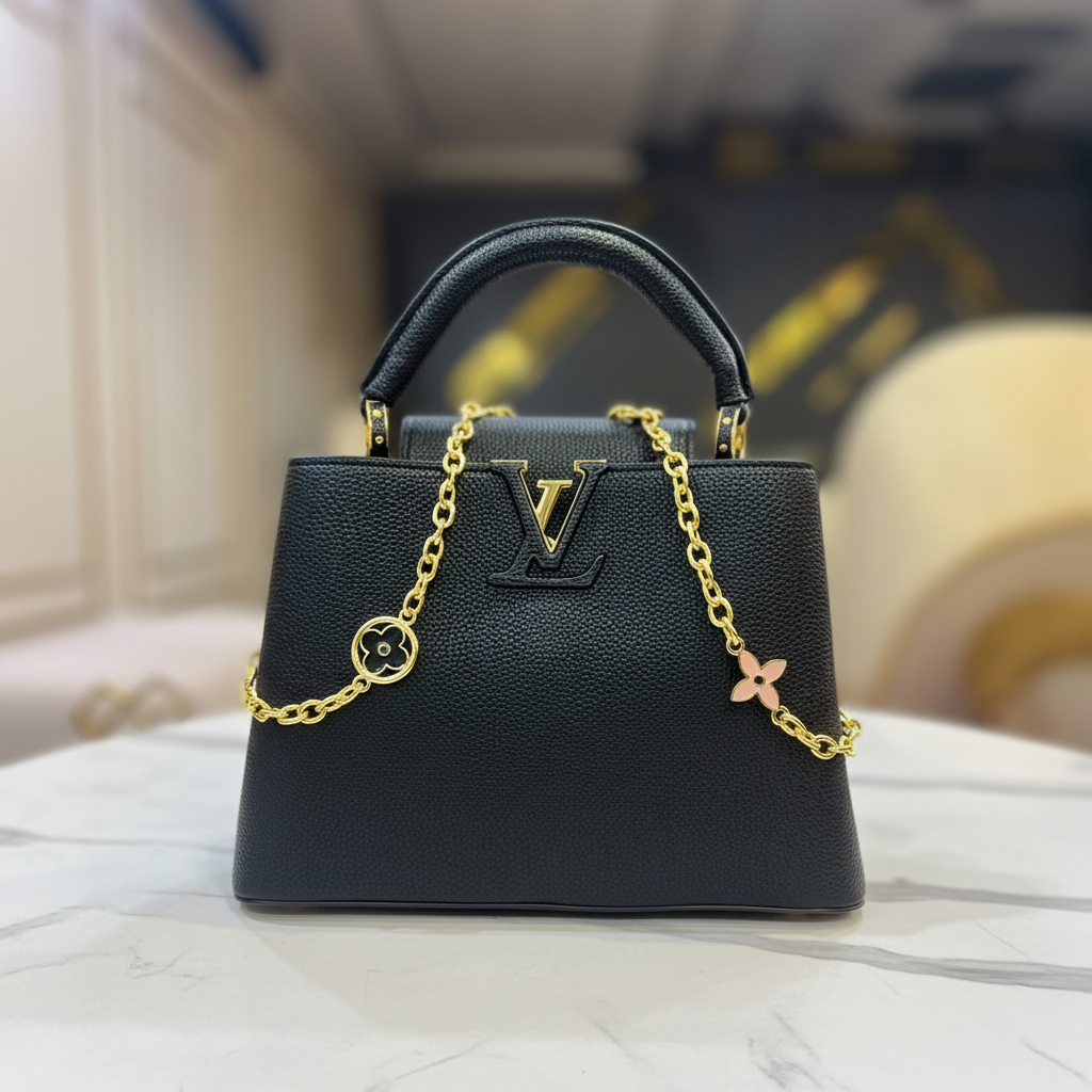Louis Vuitton Capucines All Black front LV logo on white marble