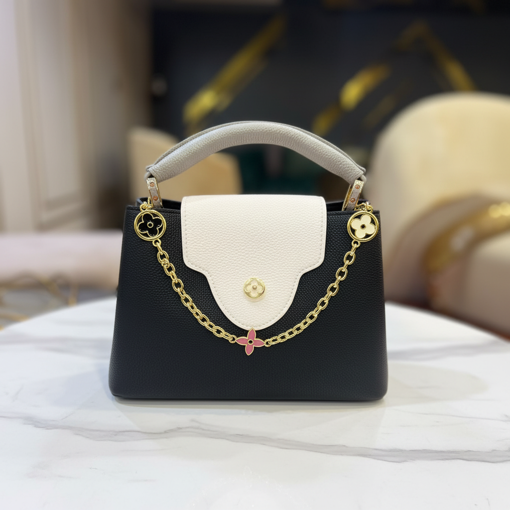 Louis Vuitton Capucines BB Black White Flap front view on white marble