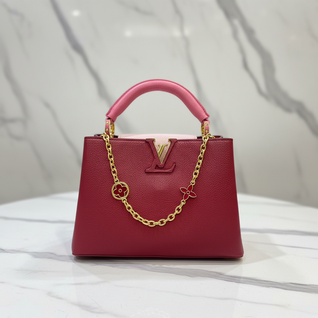 Louis Vuitton Capucines Deep Red full front LV logo on white marble